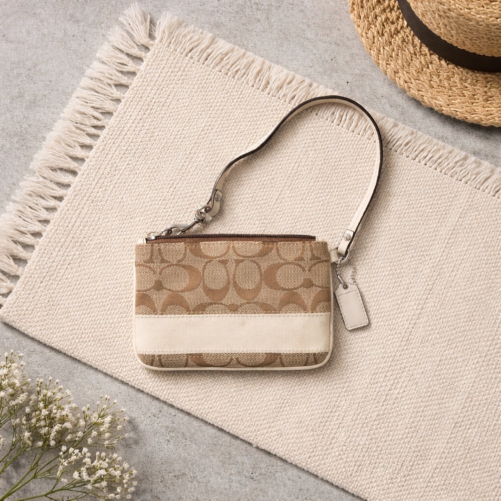 Coach Tan and Cream Signature Wristlet Small